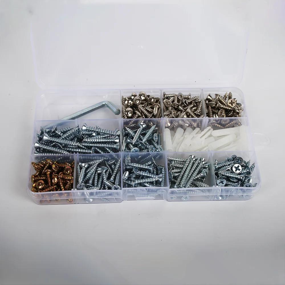 Hardware accessories set, including coarse thread screws, nuts, bolts, drywall anchors, etc., packaged in a plastic box.
