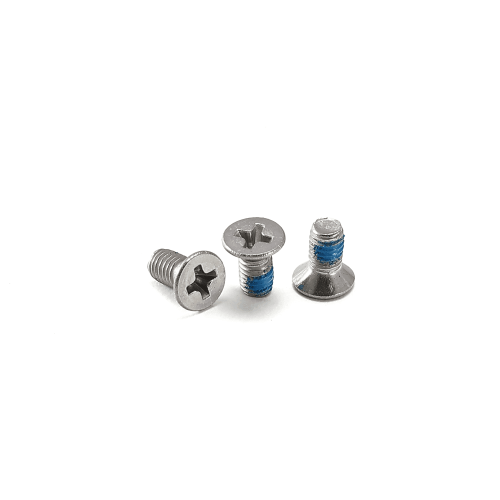 Factory direct ISO metric M5 countersunk screws for iron and stainless steel with blue nylon tabs and adhesive coating.