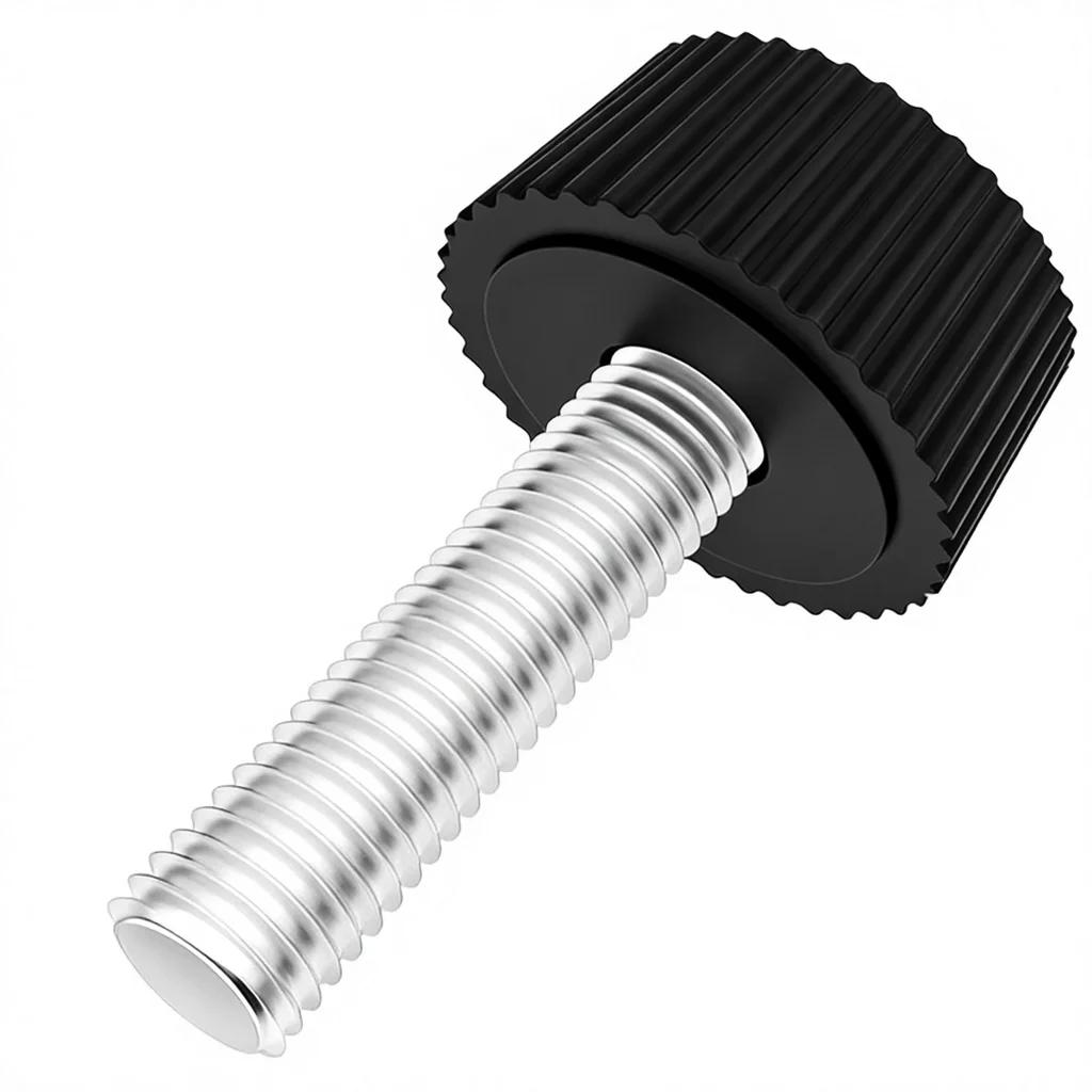 Grade 8 fine thread hand screws, metric/imperial, black anodized finish, steel round head adjustment, knurled handle, thumb screw